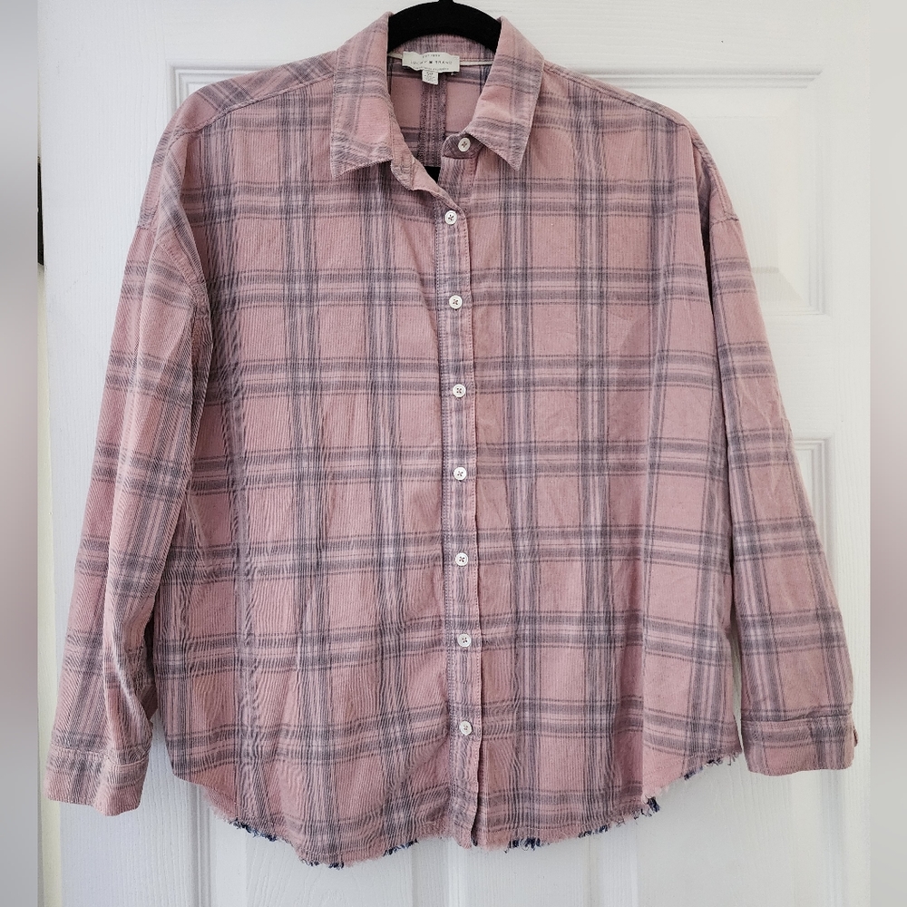 Lucky Brand Corduroy Pink and Grey Plaid Top Size Small